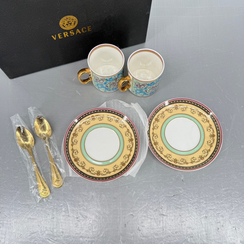 Versace Rosenthal Barocco Medusa Espresso Cup Saucer Spoon Set of 2 with Box - Picture 2 of 7